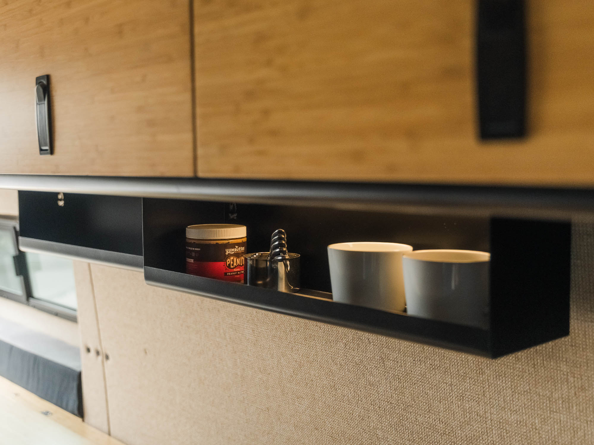 Under Cabinet Shelves with coffee cups, food, measuring utensils