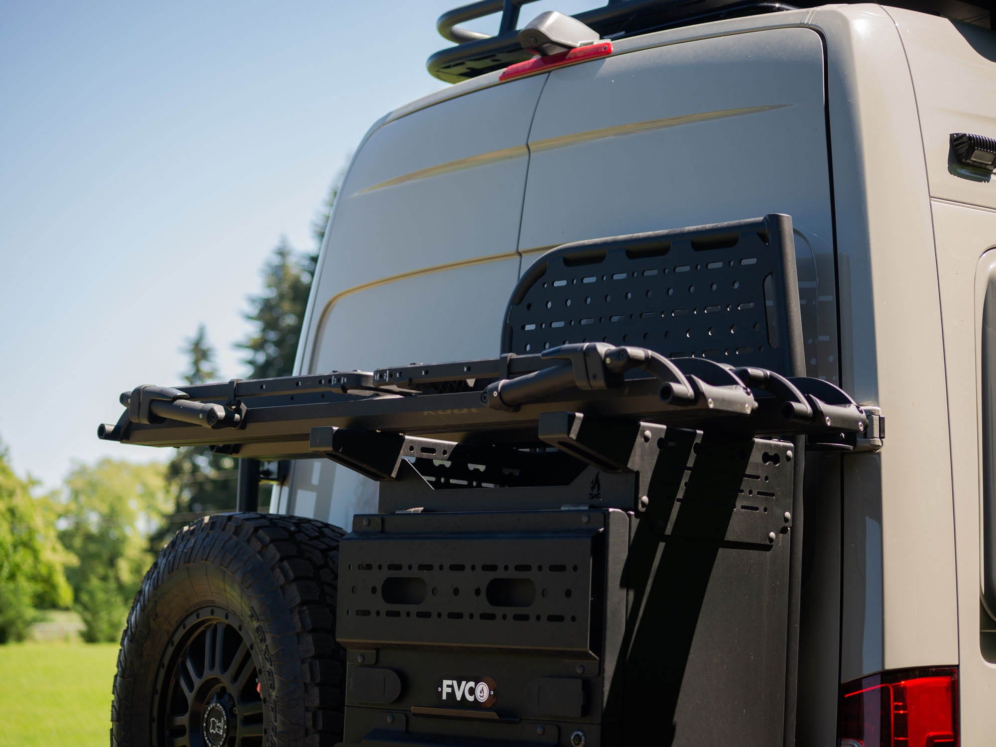 Rear Storage Box Bike Mount Adapter installed on large FVC Rear Storage Box, with Kuat Bike Rack Trays