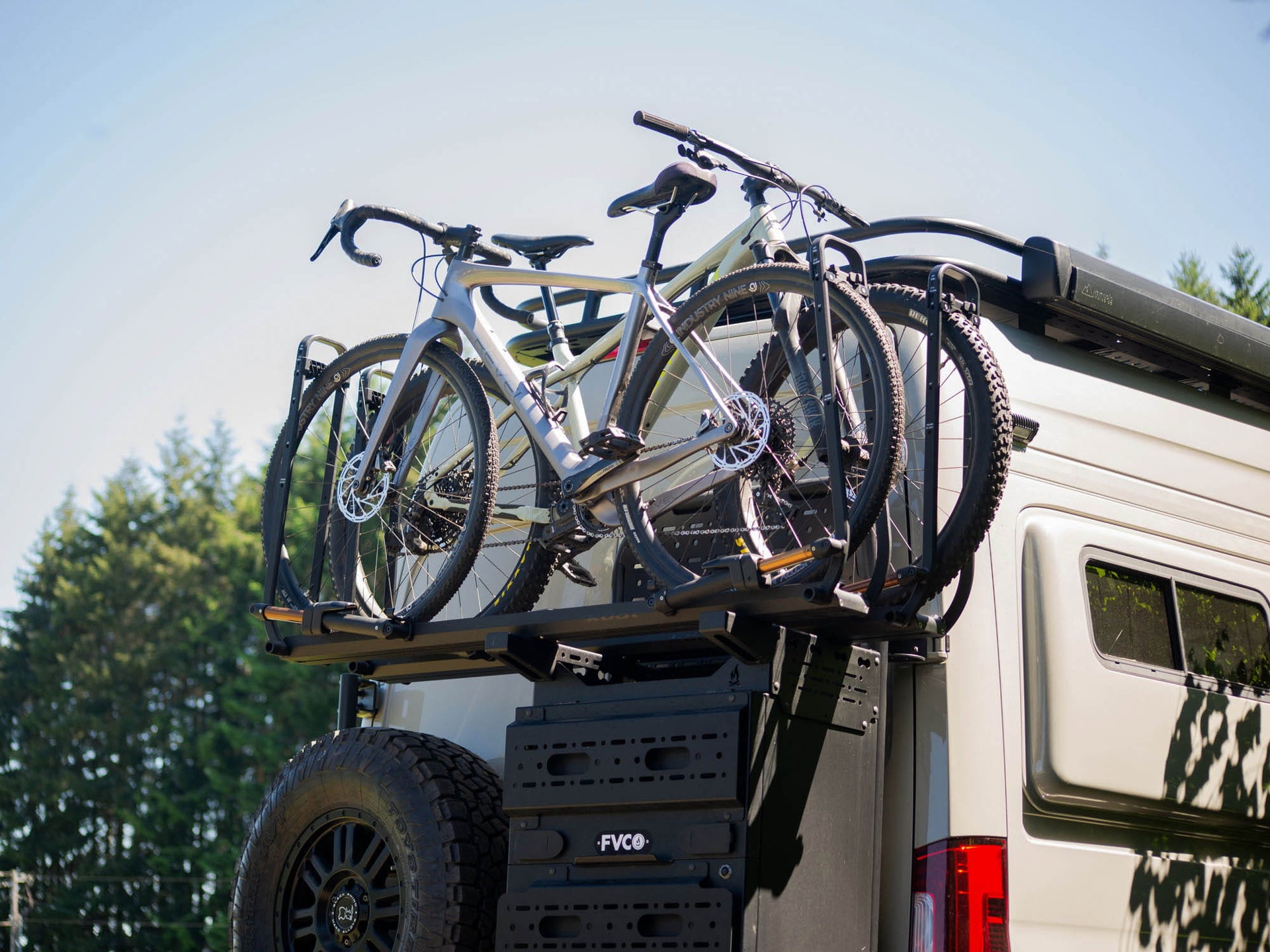 Sprinter camper van carrying bikes on Rear Storage Box Bike Rack Adapter