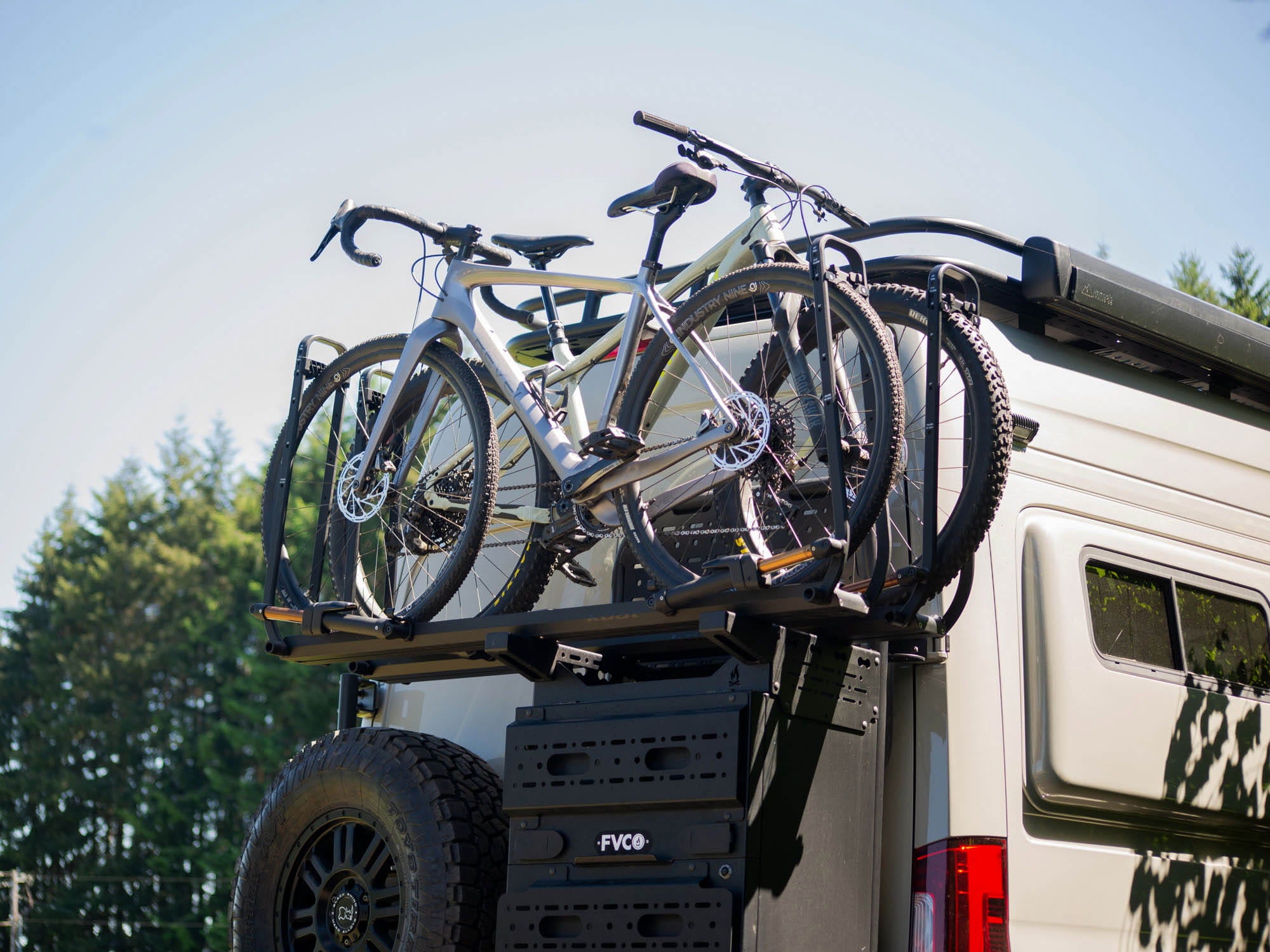 Sprinter camper van carrying bikes on Rear Storage Box Bike Rack Adapter