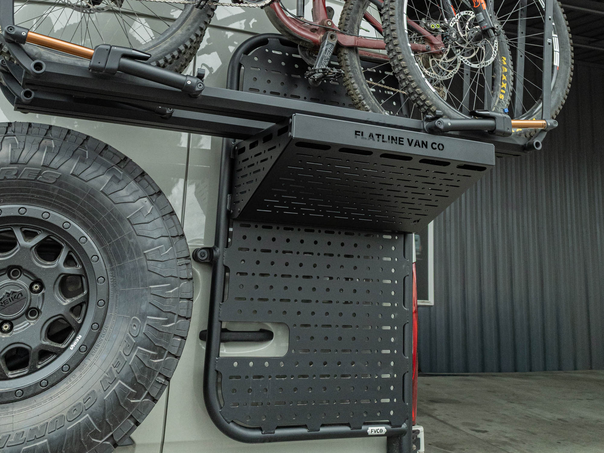Rear Door Platform Bike Rack Adapter installed with room for attaching more gear