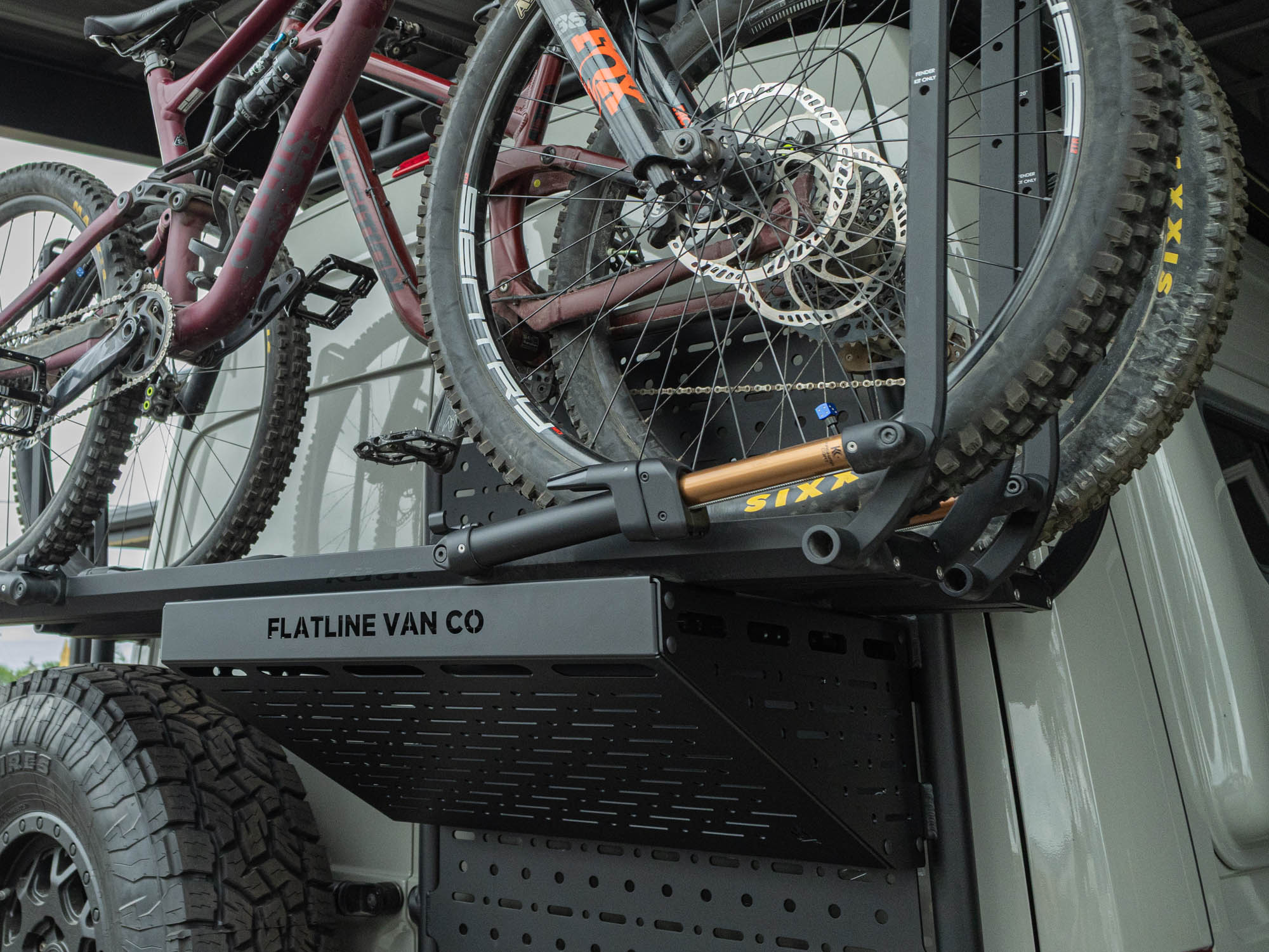 Kuat Piston SR Bike Tray Racks installed with the Rear Door Platform Bike Rack Adapter