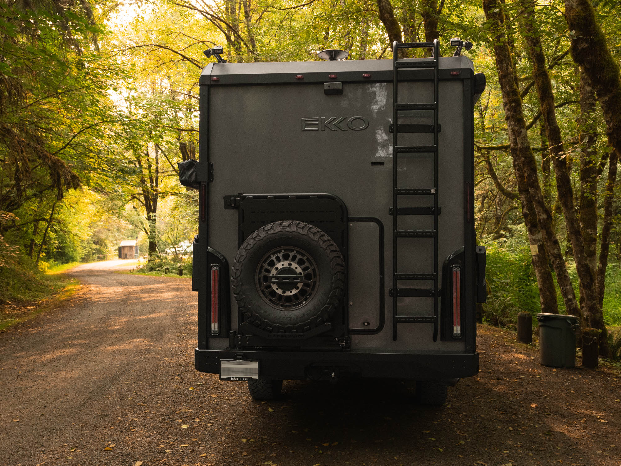 Sprinter Ekko with Flatline Van Co. Winnebago Ekko Rear Bumper, Ladder, & Carrier Swing-Out System installed