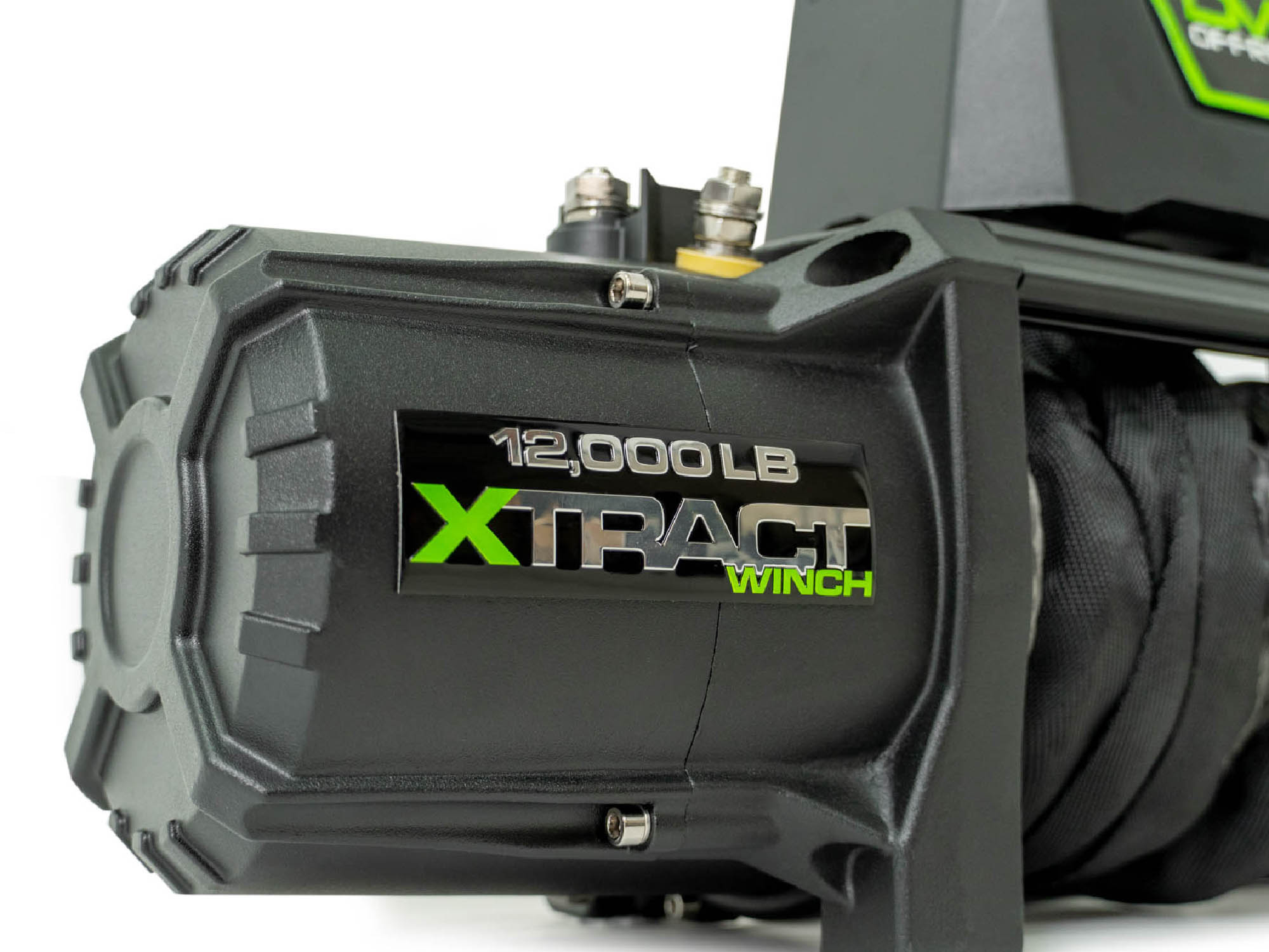 Detail of the left side of the Dv8 Extract 12,000 lb winch with synthetic rope