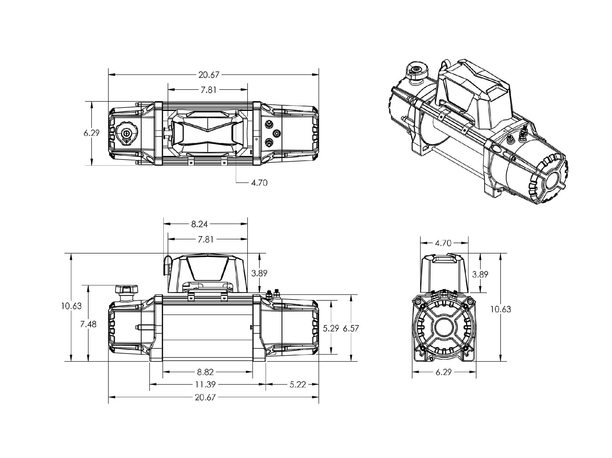 Dimensions of WB12K-SR DV8 Extract 12,000lb winch with Synthetic Rope