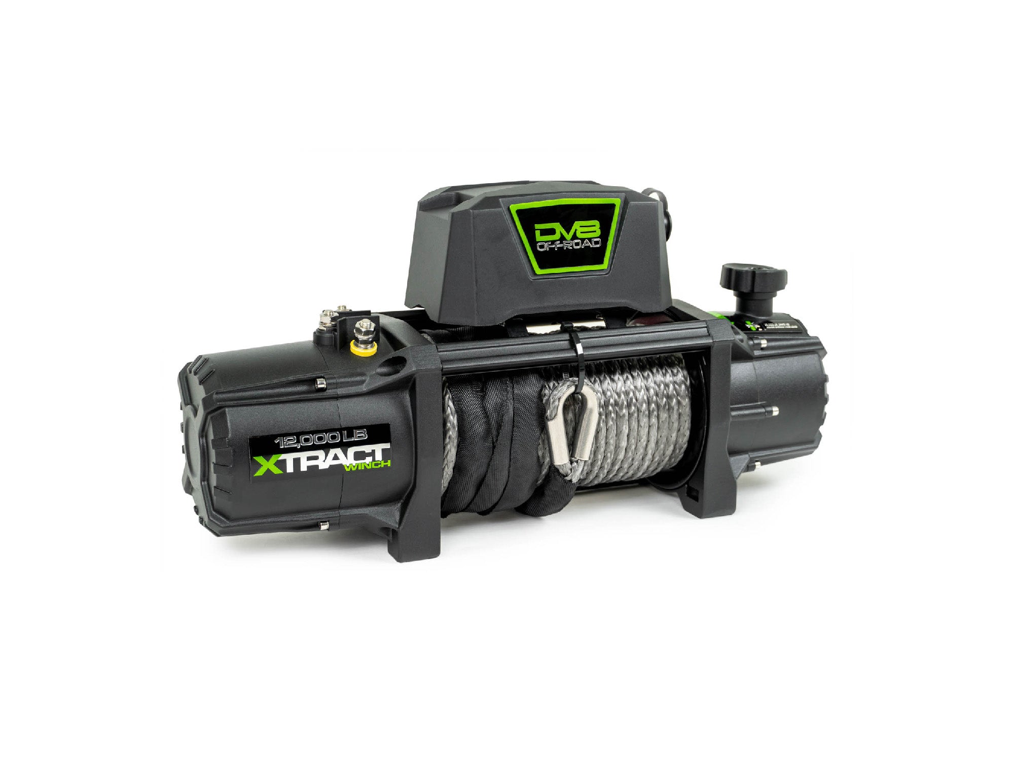 Angled view of DV8 Extract 12k synthetic rope winch