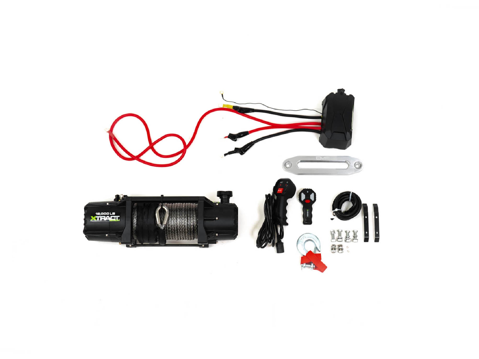 Included components of the DV8 Extract 12,000lb winch with synthetic rope and fairlead included