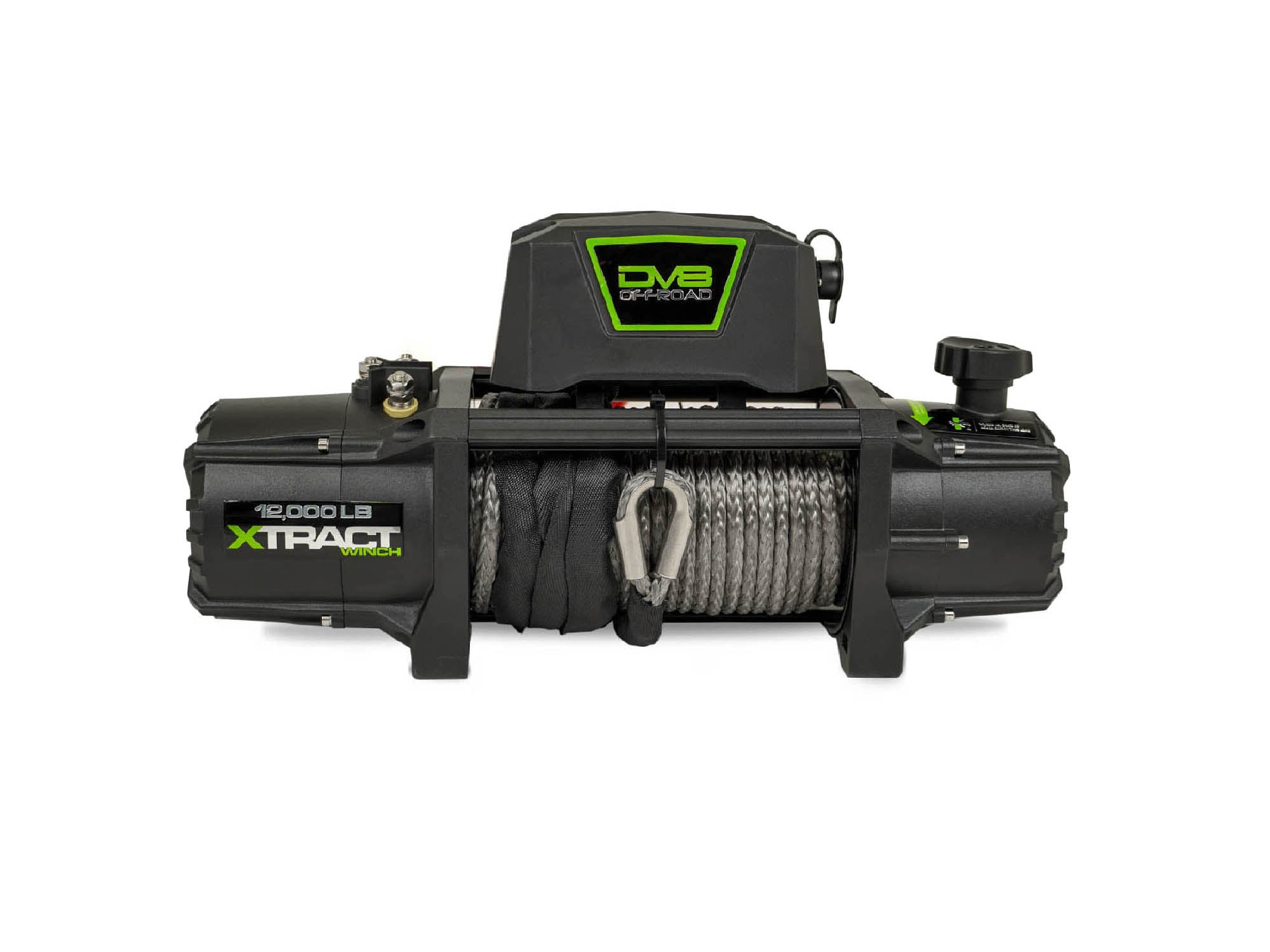 Front view of DV8 Xtract 12,000lb Winch with synthetic rope