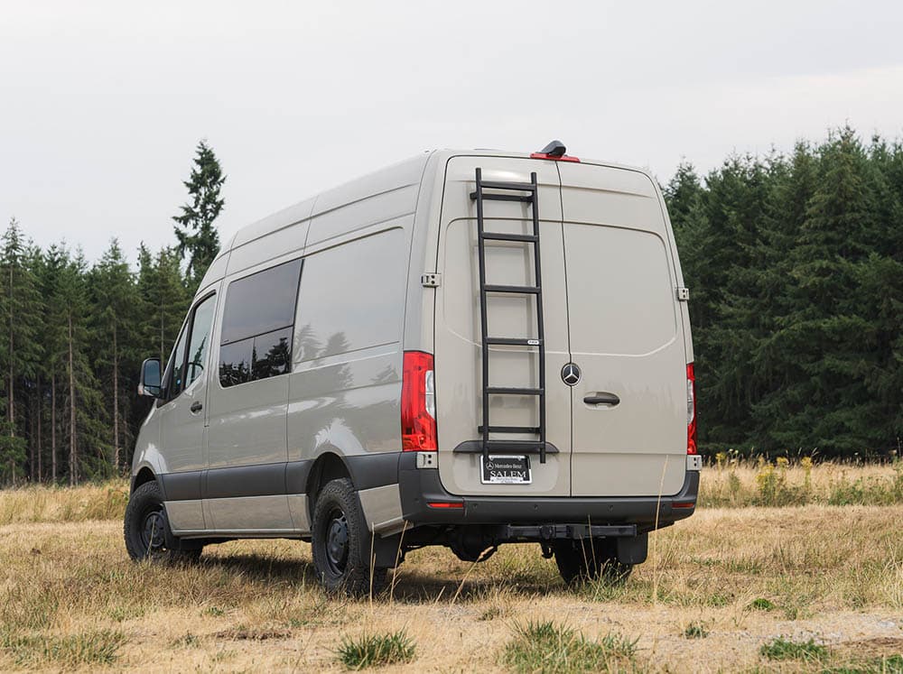 Sprinter adventure van with Flatline Van Co. Rear Ladder