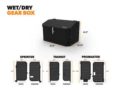 Wet/Dry Gear Box dimensions compared to Sprinter, Transit, and Promaster Rear Door Platform dimensions