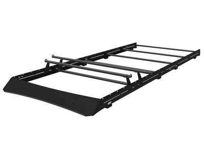 Angled view example of High Bar kit on a Transit Low Pro, Promaster Low Pro, or Sprinter Standard roof rack, with normal size crossbar and overhang crossbar