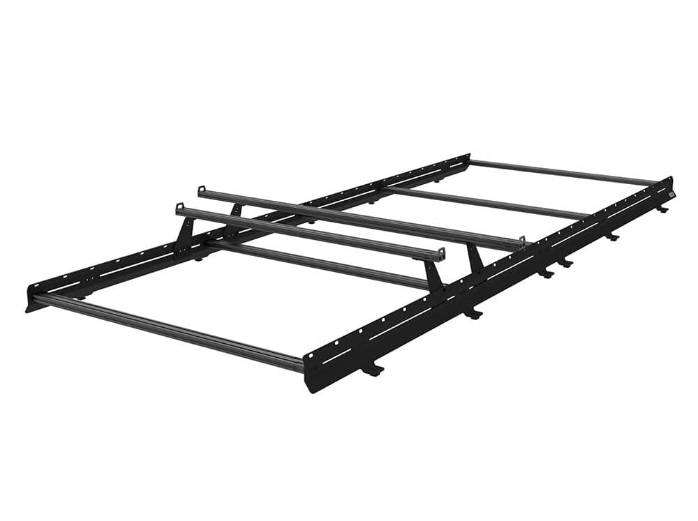 Angled view  of High Bar kit on a Sprinter Low Pro roof rack, with normal size crossbar and overhang crossbar