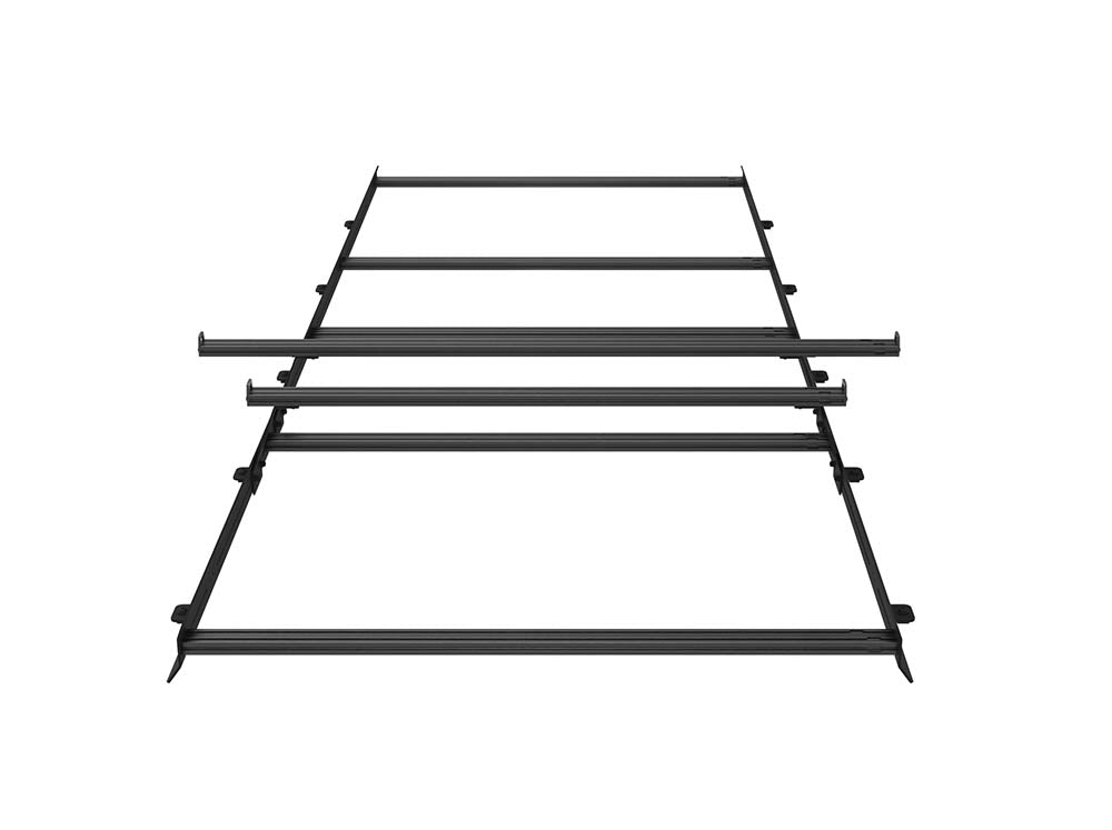 Example of High Bar kit on a Sprinter Low Pro roof rack, with normal size crossbar and overhang crossbar