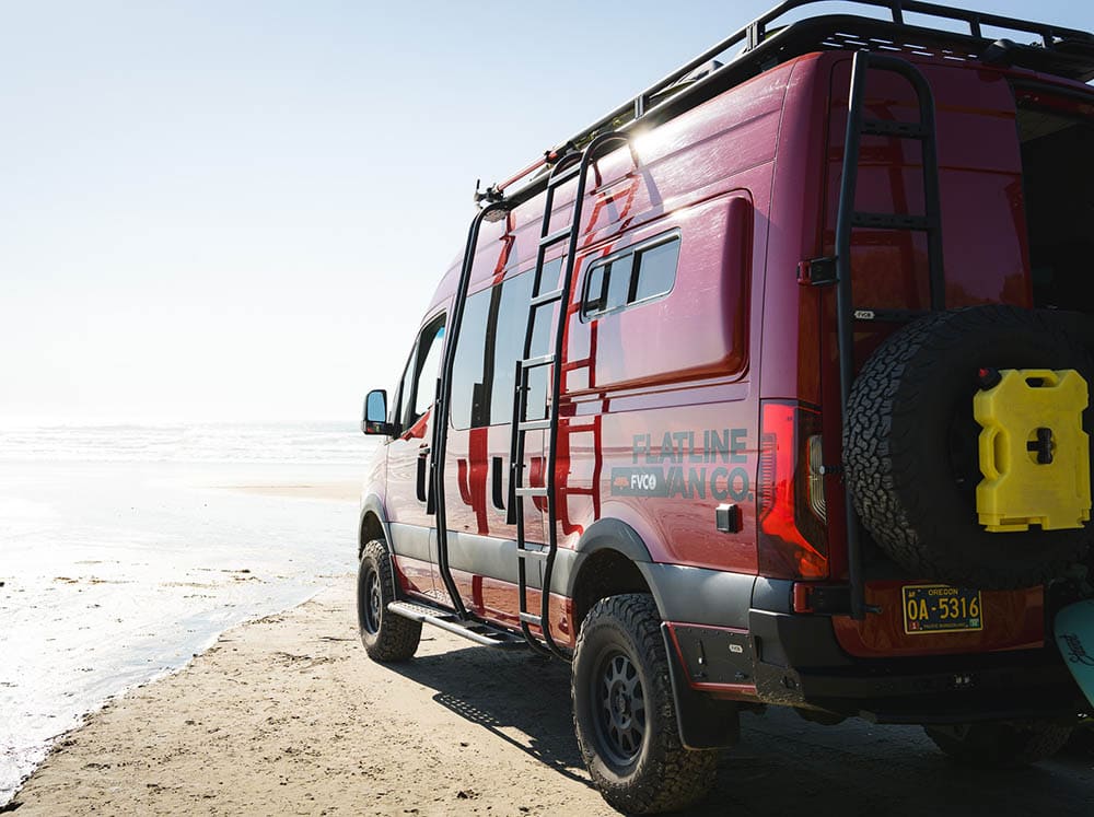 Sprinter camper van with surf pole and surf hooks installed