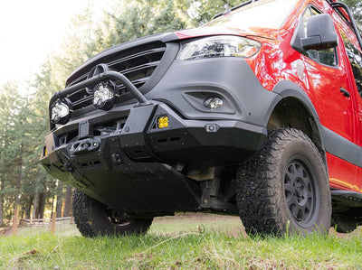 Low angle view of skid plate installed with Sprinter Van Front Bumper