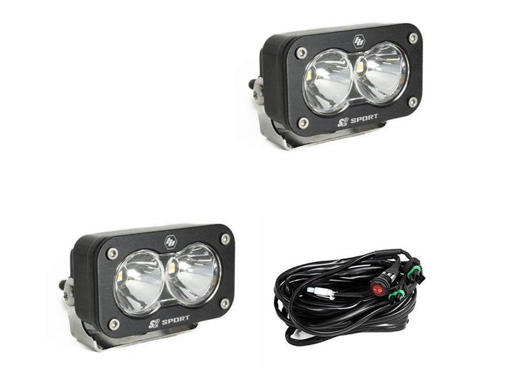 Baja Designs S2 Sport LED light pod pair with clear lens in spot pattern