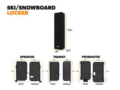 Ski Locker dimensions compared to Sprinter, Transit, and Promaster Rear Door Platform dimensions