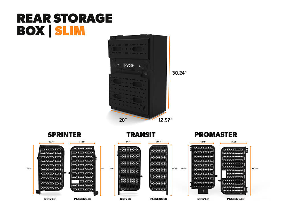 Slim Rear Storage Box dimensions compared to Sprinter, Transit, and Promaster Rear Door Platform dimensions