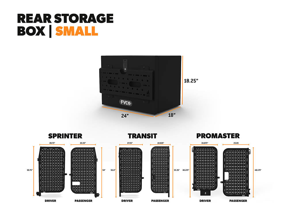 Small Rear Storage Box dimensions compared to Sprinter, Transit, and Promaster Rear Door Platform dimensions