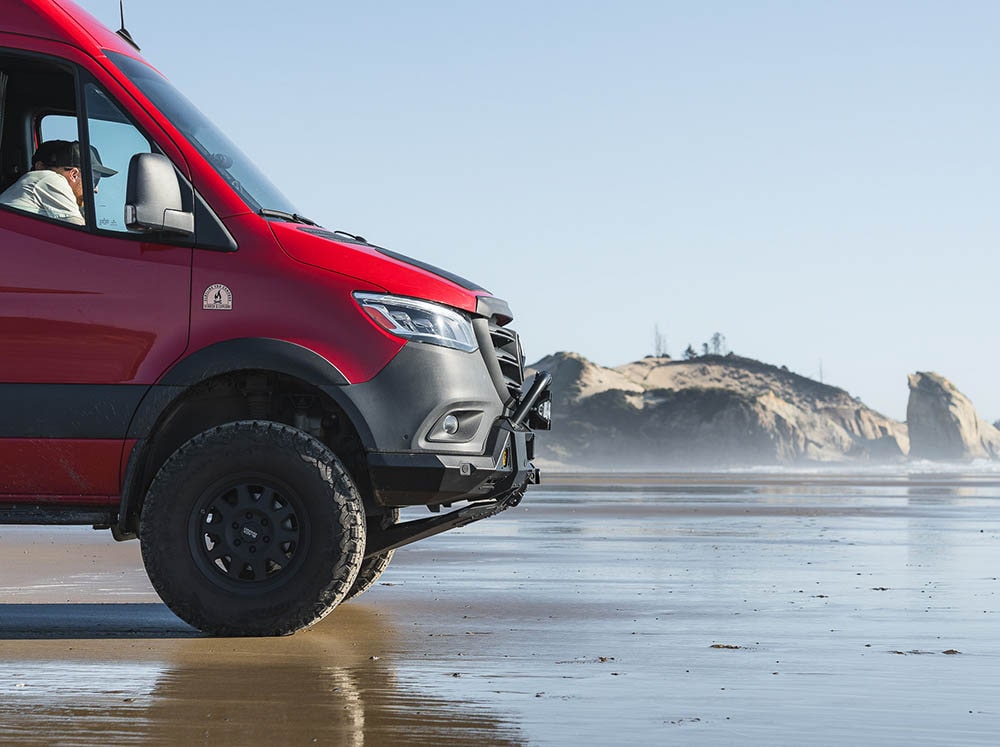 Sprinter camper van with FVC front bumper installed on the Oregon coast