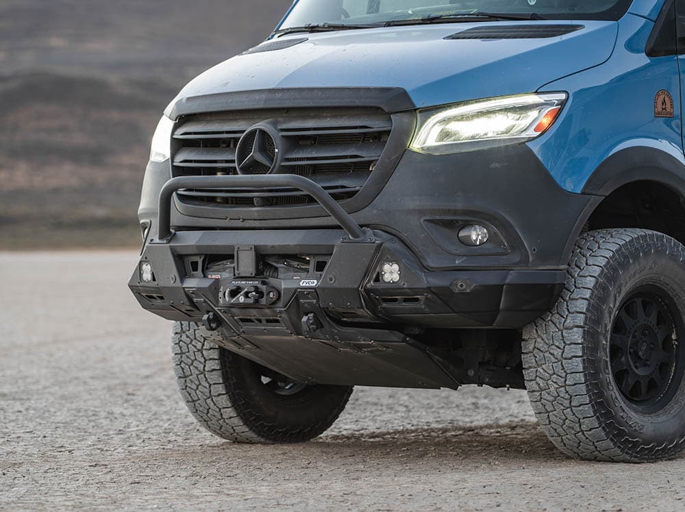 Sprinter van winch bumper with bull bar, skid plate, winch, winch fairlead, and lights from Baja Designs