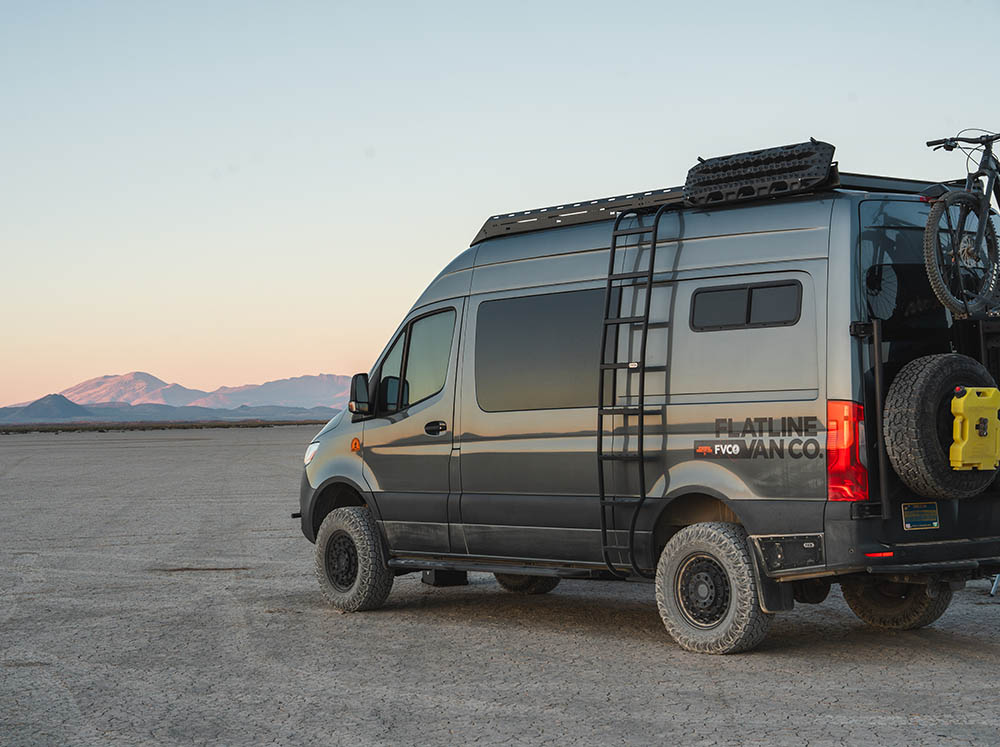 Sprinter adventure van with FVC Wheel Wrap Ladder at Alvord Desert