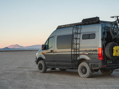 Sprinter adventure van with FVC Wheel Wrap Ladder at Alvord Desert