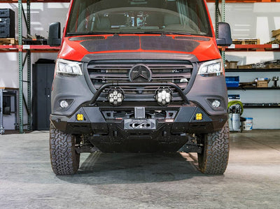 Front view of Sprinter Van Bumper with skid plate and bull bar installed