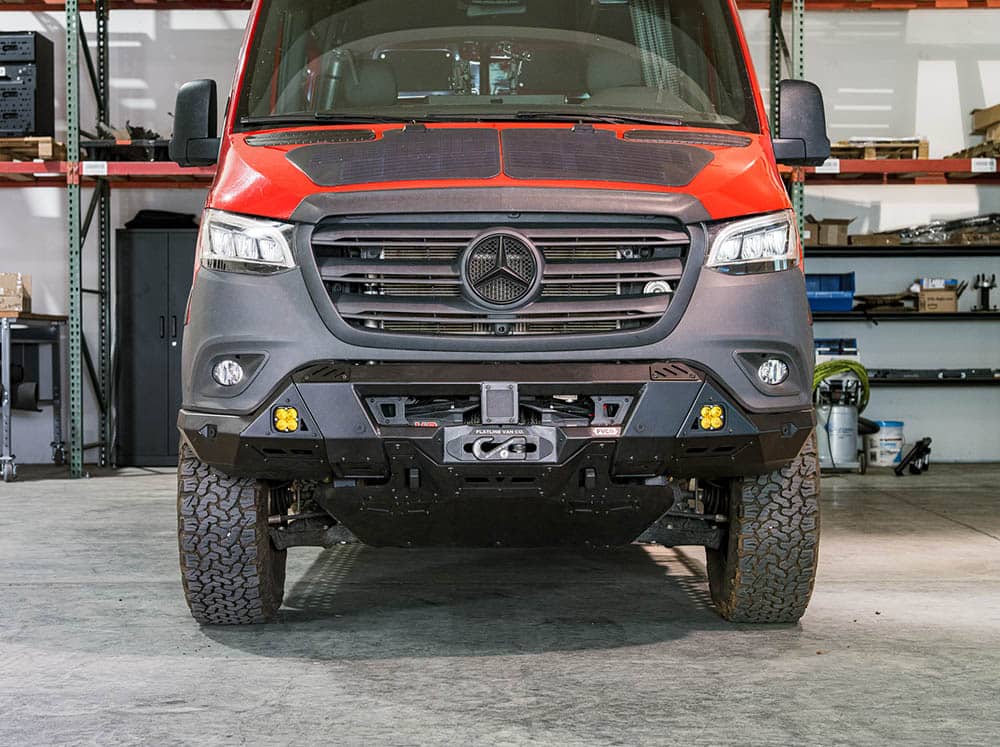 Front view of Sprinter Van Bumper with skid plate installed