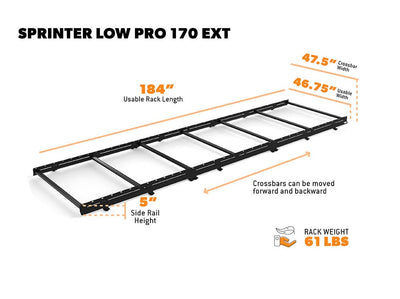 Dimensions and weight of FVC Sprinter Low Pro 170 EXT Roof Rack for adventure vans