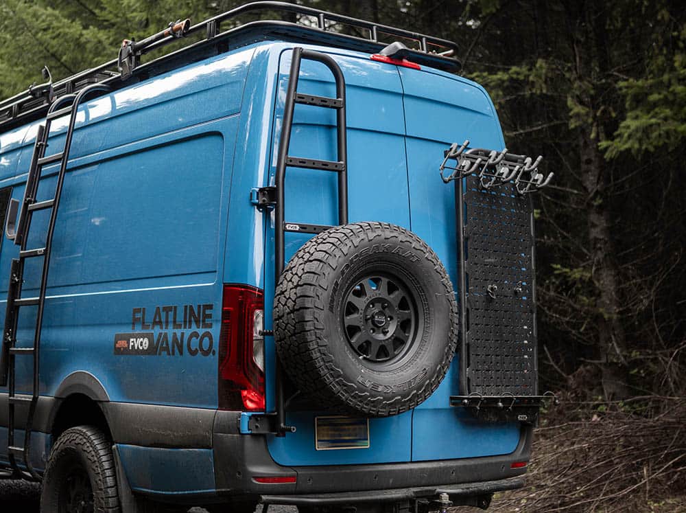 Sprinter Van Rear Hand Rails Sprinter Rear Ladder + Tire Carrier | Flatline Van Co.