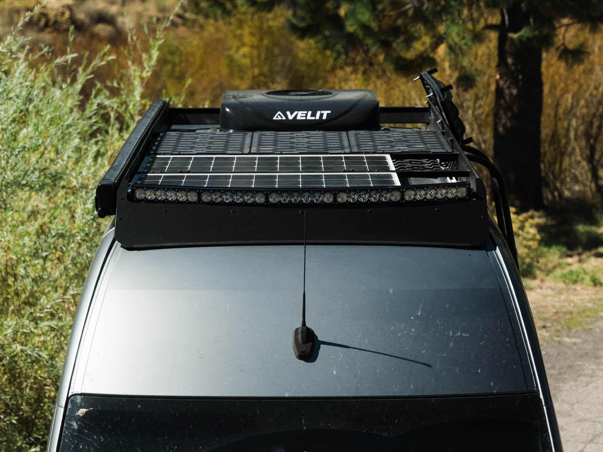 Sprinter Standard Roof Rack with Light Bar Fairing, and Baja Designs Arc Light Bar installed