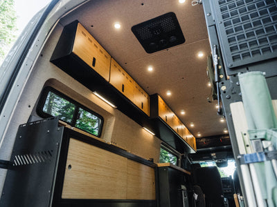 Sprinter Van 40" Shallow Upper Cabinet installed with Sprinter Van 20" Shallow Upper Cabinet, and Sprinter 48" Upper cabinets installed in Mercedes Benz 170 Van