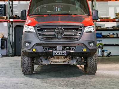 Front view of Sprinter van bumper installed on camper van