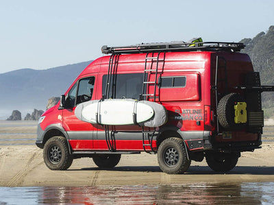 Sprinter camper van with surf pole, hooks, and surfboards