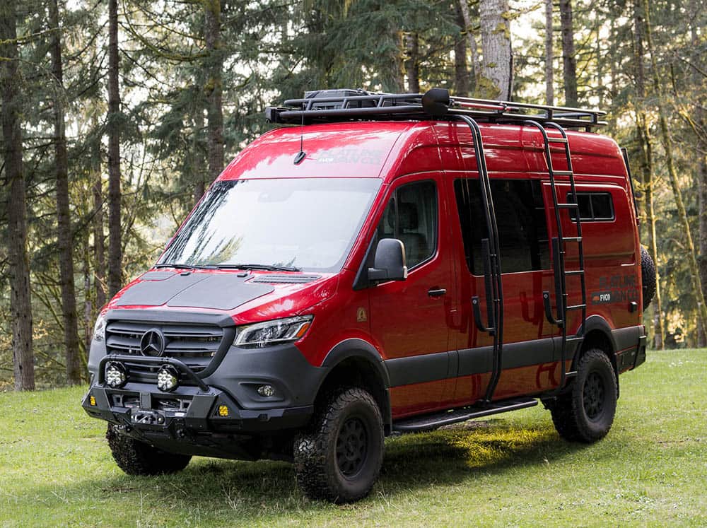 Sprinter camper van with FVC Front Bumper with skid plate, bull bar, and baja designs lights