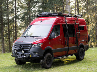 Sprinter camper van with FVC Front Bumper with skid plate, bull bar, and baja designs lights