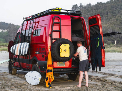 Sprinter camper van with Tire Carrier + Ladder with Rotopax Adapter installed