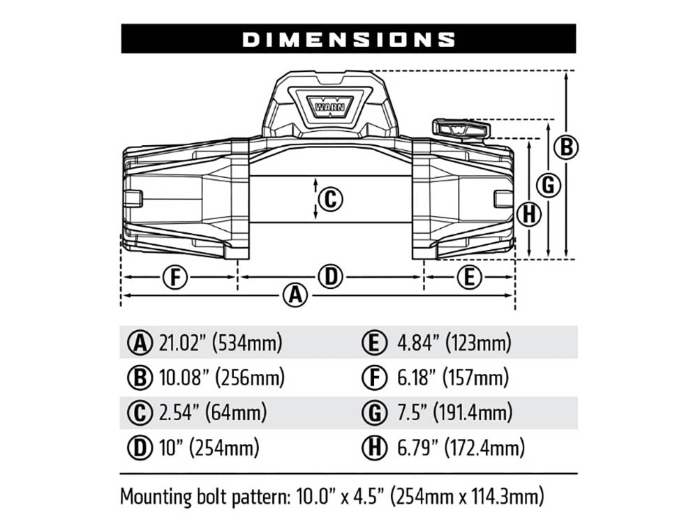 Dimensions and mounting bolt pattern of Warn VR Evo 12-S Winch