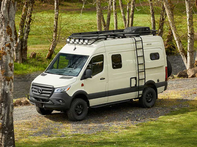 Front angle view of Sprinter Safari Roof Rack with Drop Front