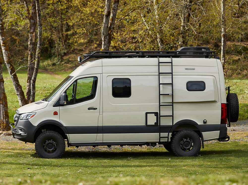 Side view of Sprinter Safari Roof Rack with Drop Front